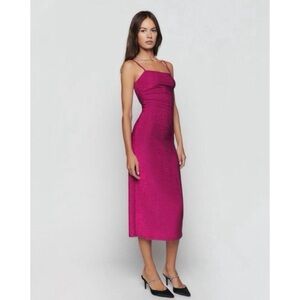Reformation Breslin Body Con Low Back Formal Midi Dress in Hot Pink Sparkle Sz M